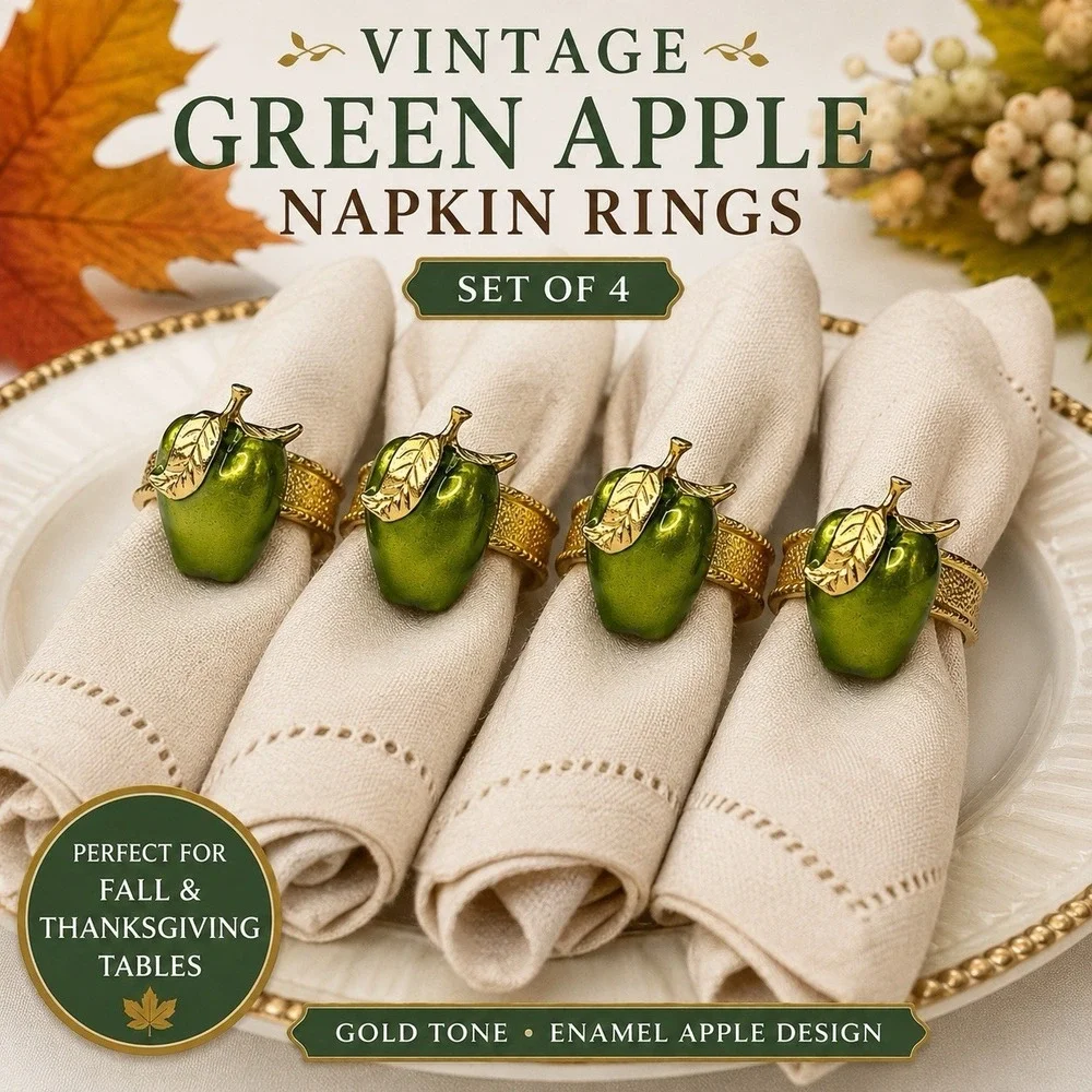 Set of 4 Vintage Green Apple Enamel Gold Tone Napkin Rings Fall Table Decor